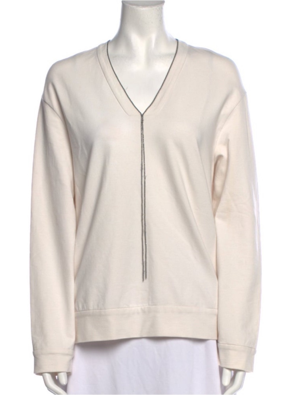 Brunello Cucinelli V-Neck Long Sleeve Sweatshirt in Light Cream